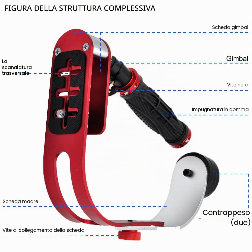 AFUNTA Pro Handheld video della telecamera stabilizzatore costante, ideale per GoPro, Cannon, Nikon o qualsiasi fotocamera DSLR fino a 0.95 KG Con Smooth Pro Glide fisso Cam - Rosso + argento + nero
