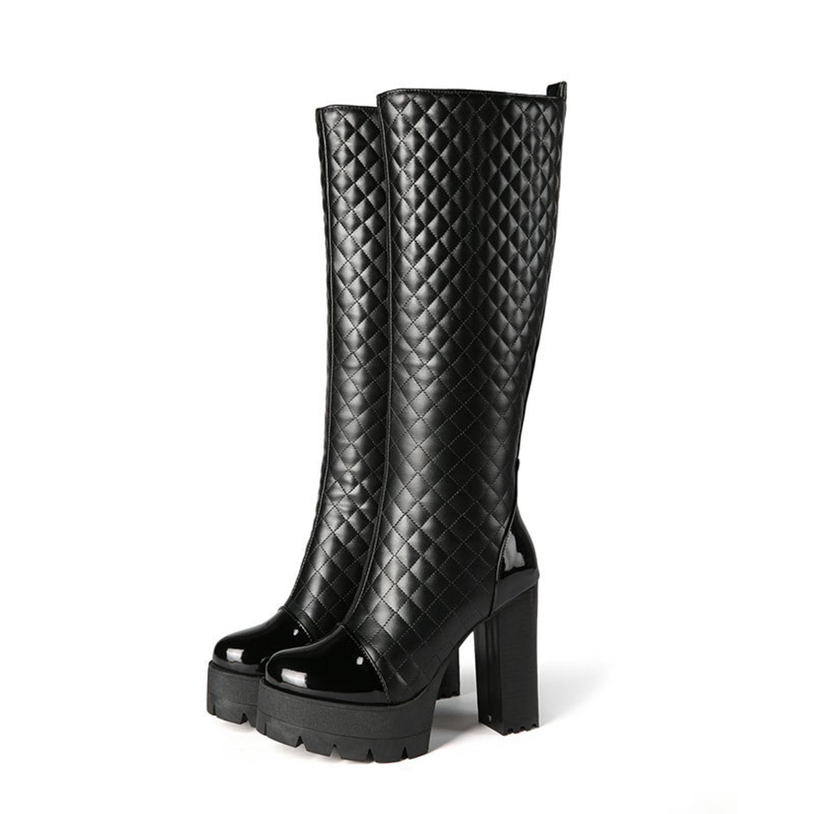 Side Zipper High Heel Thick Bottom Knee Boots Suede Lining Thin Straight Boots Pu Grid Rubber Bottom Mid-Calf
