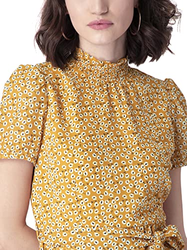 Image of FabAlley Women's Georgette Skater Regular Yellow Floral Belted High Neck Dress