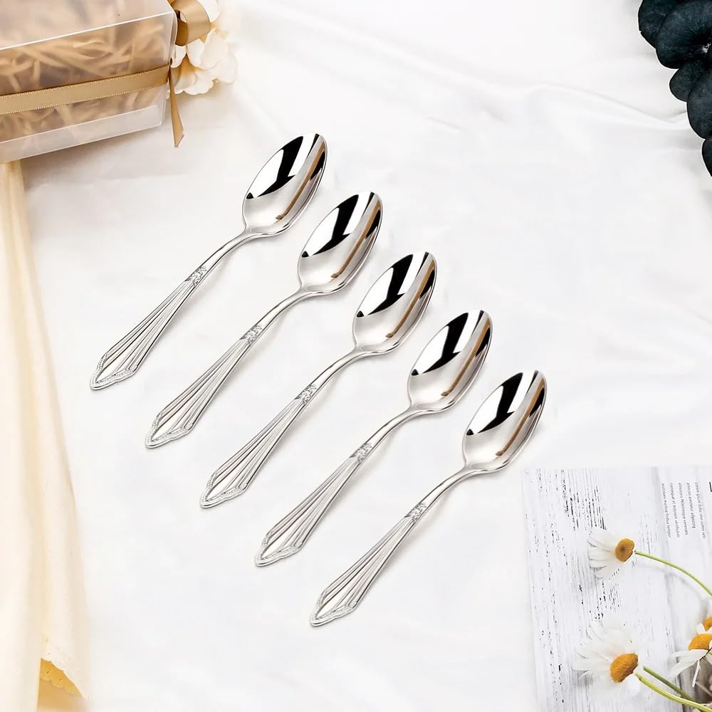 Cuchara de té Cucharas de postre Cuchara de café de acero inoxidable 18-10 chapada en oro de 5,5" 3/4/5/6 piezas, apta for lavavajillas, juego de 5 cucharas de té y postre de plata brillante, color pl