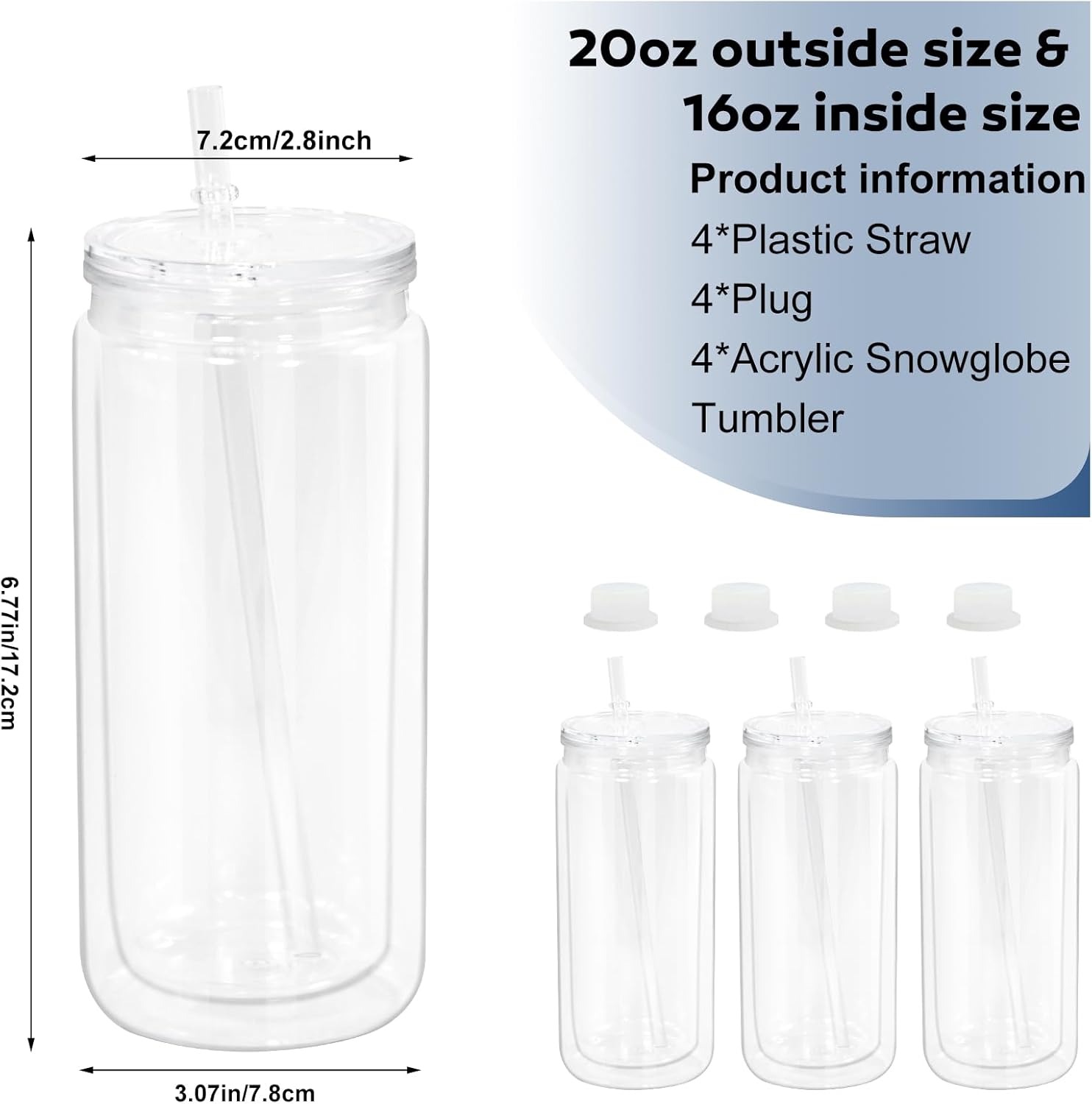4 Pack Acrylic Snow Globe Tumbler, 20oz Snowglobe Cups with Pre Drilled Hole, Double Wall Plastic Cups Blanks with Clear Lid and Plastic Straw, Glitter Snow Globe Cup for DIY Gift - Image 2