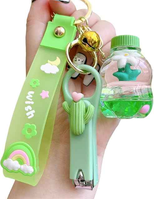 KUPOOL Acrylic Oil Floating Flower Keychain Bottle Cactus Nail Clipper Combination Keychain Fashion Creative Backpack Pendant Couple Key Ring Suitable for Key Loss Prevention, Green