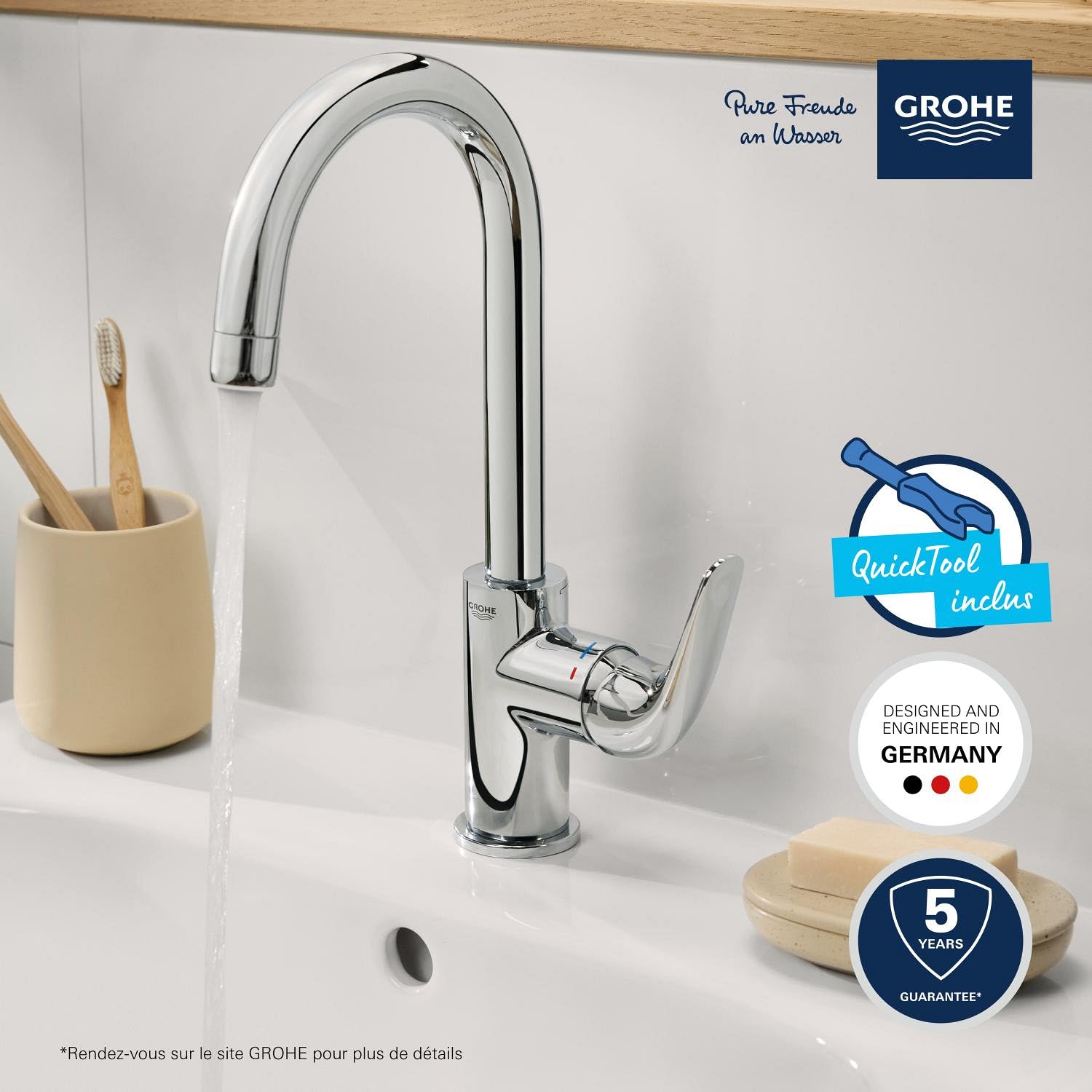 GROHE Swift Mitigeur Monocommande Lavabo, Economie d'Eau, Taille L, Installation Facile, Chromé, 24330001