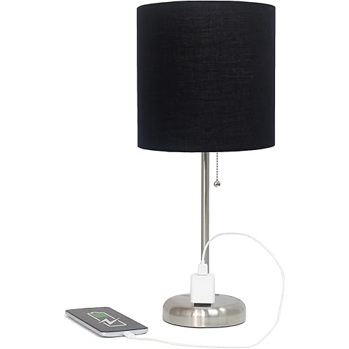 Simple Designs LT2024-BLK Brushed Steel Stick Table Desk Lamp with Charging Outlet and Drum Fabric Shade, Black Shade
