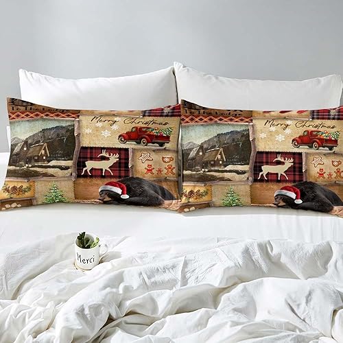 Miniatura 4 de LUVIVIHOME Juego de funda de edredón de 3 piezas de Navidad, tamaño Queen, ropa de cama rústica de cabaña de granja, oso negro con sombrero de Papá
