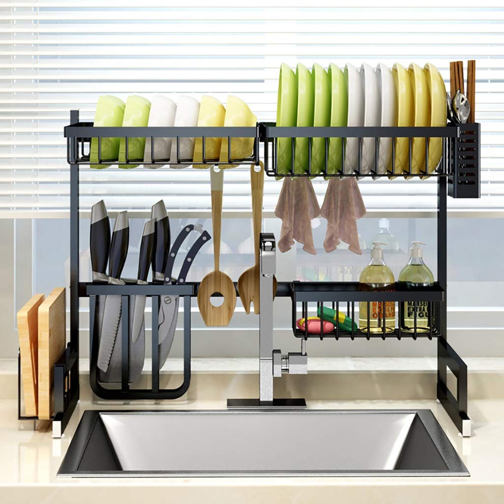 Escurridor de platos de acero inoxidable con cesta colgante sobre el fregadero y soporte para utensilios, organizador de cocina que ahorra espacio para un almacenamiento y drenaje eficientes