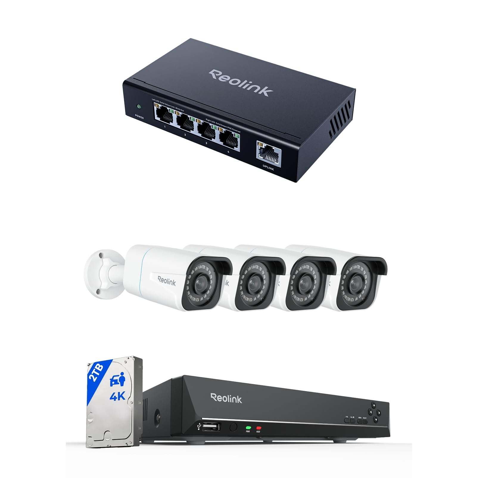 REOLINK 4K PoE Security Camera System with 4pcs 8MP PoE Cameras, 8CH NVR with 2TB HDD for 24/7 Recording, H.265 Video, Person/Vehicle/Animal Detection, Plus 4+1-Port PoE Switch