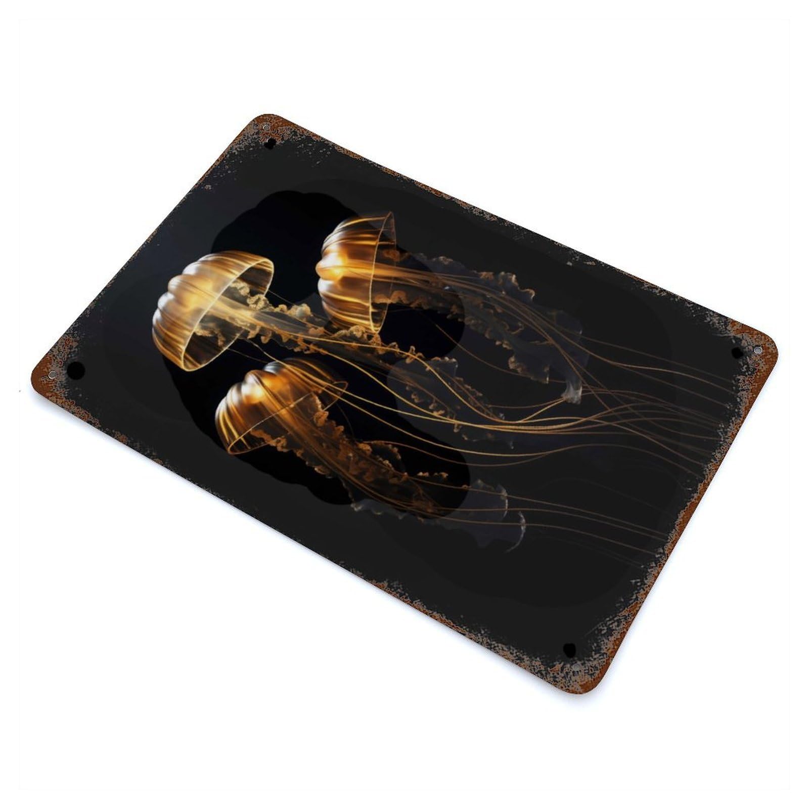 Gold Dark Jellyfish Rusty Metal Tin Sign 11.8"x7.9", Ideal for Farmhouse, Kitchen And Entryway Decor