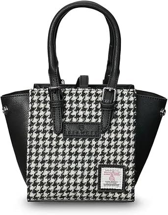 Islander The Mini Caillie Tote Bag, Harris Tweed & PU Leather Black & White Dog Teeth, Black & White Dog Tooth