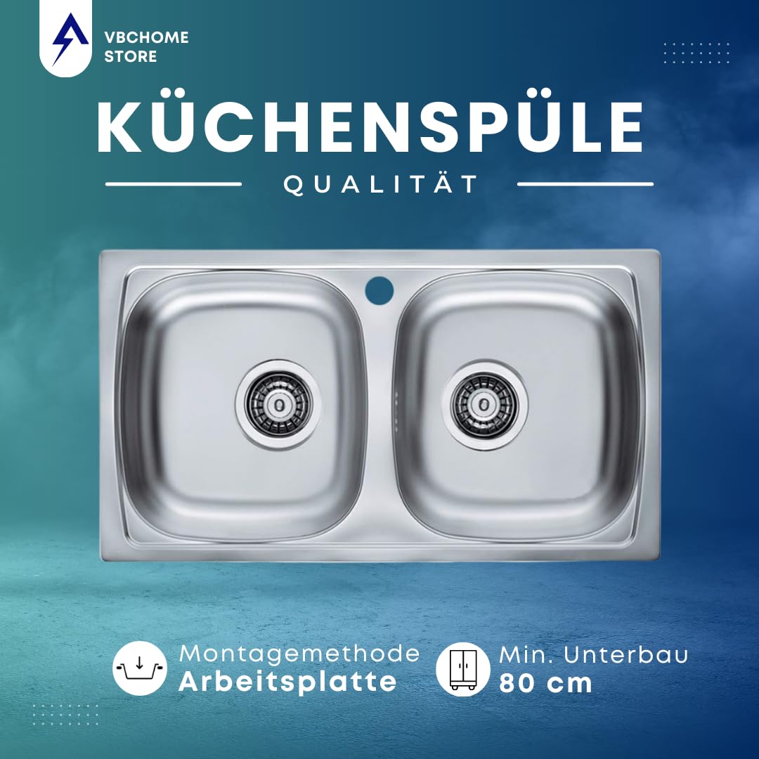VBChome Edelstahlspüle 78 x 44 cm Satinstruktur Küchenspüle mit Hahnloch Doppelbecken Einbauspüle Spülbecken Camping Ablaufgarnitur fi114