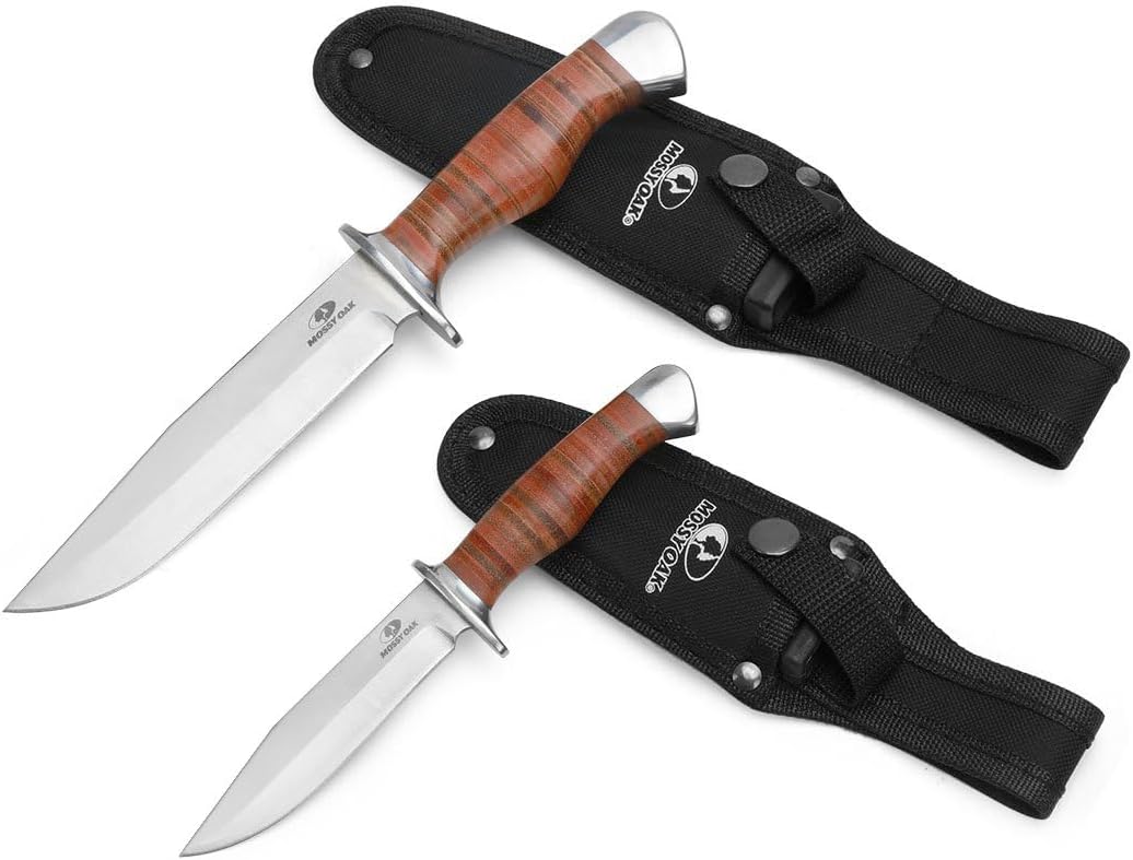 2-piece Bowie Knife, Fixed Blade Hunting Knife with Leather Handle, Sheath Included
