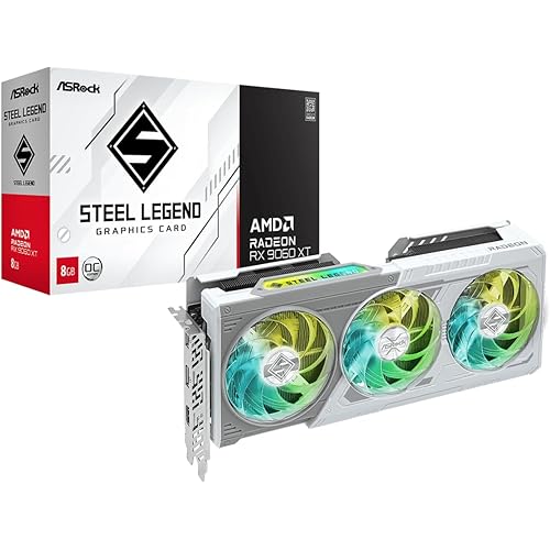ASRock Radeon RX 9060 XT Steel Legend 8GB GDDR6 OC Graphics Card | 3320 MHz Boost | Triple Fan | 0dB Cooling | Metal Backplate | PCIe 5.0 | DisplayPort 2.1a, HDMI 2.1b
