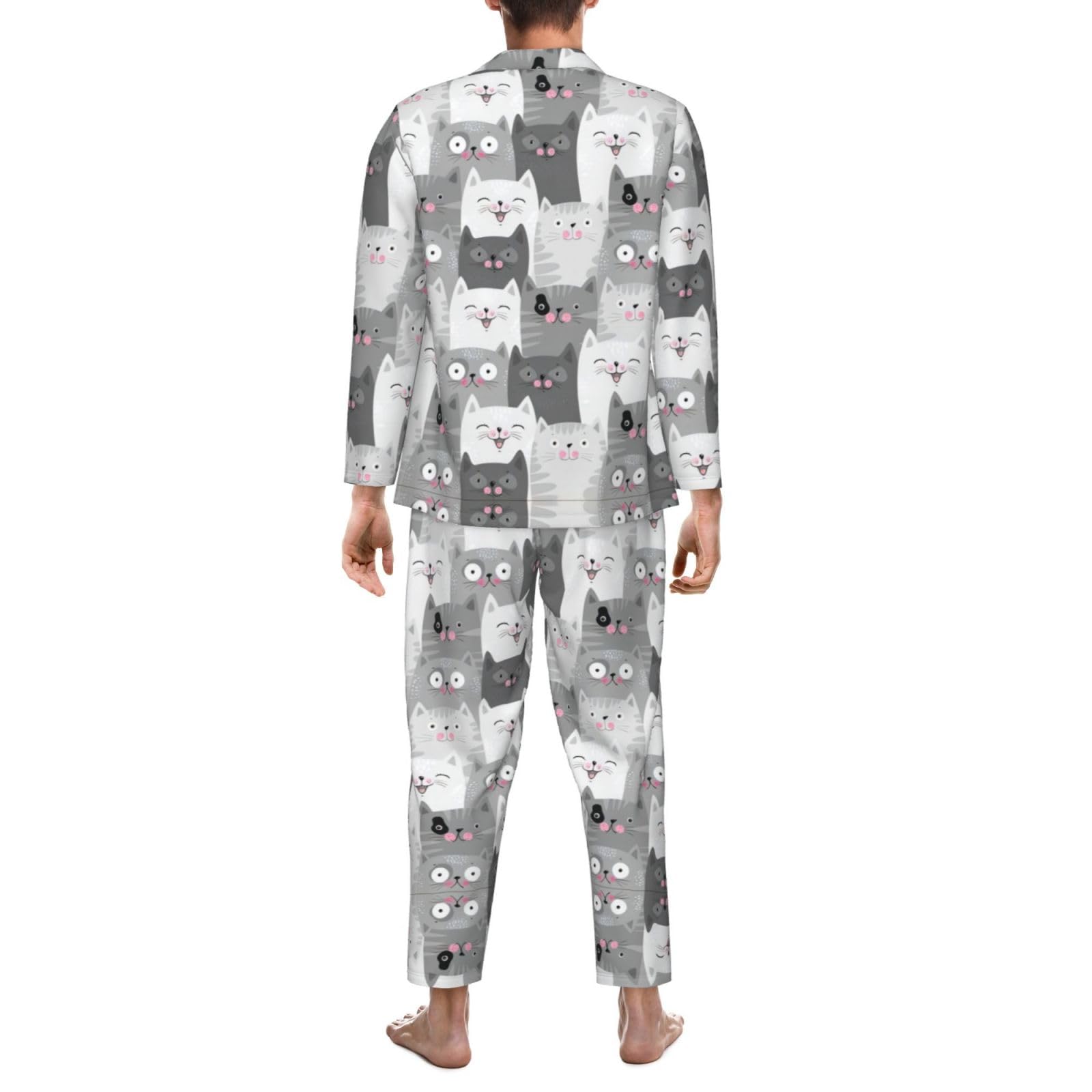 Simpatico motivo gatti grigi divertenti indumenti per dormire durevoli - Set pigiama da uomo in 2 pezzi - Set pigiama da uomo ideale per tutte le stagioni