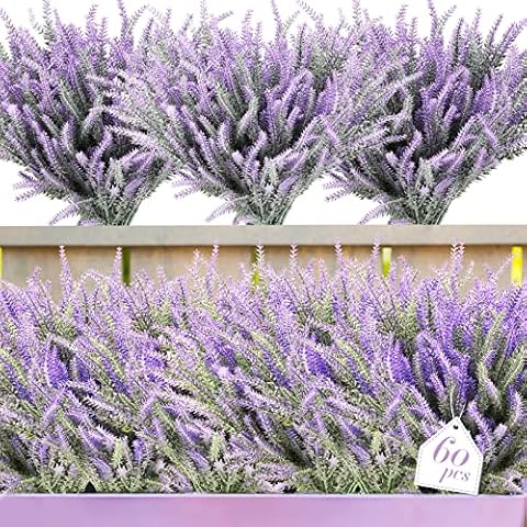 XunYee 60 Bundles Artificial Lavender Flowers UV Resistant Faux Plastic Flowers Faux Flowers Lavender Plants for Outdoor Garden Patio Window Box Office Table Centerpiece Indoor Decoration (Purple) Cover