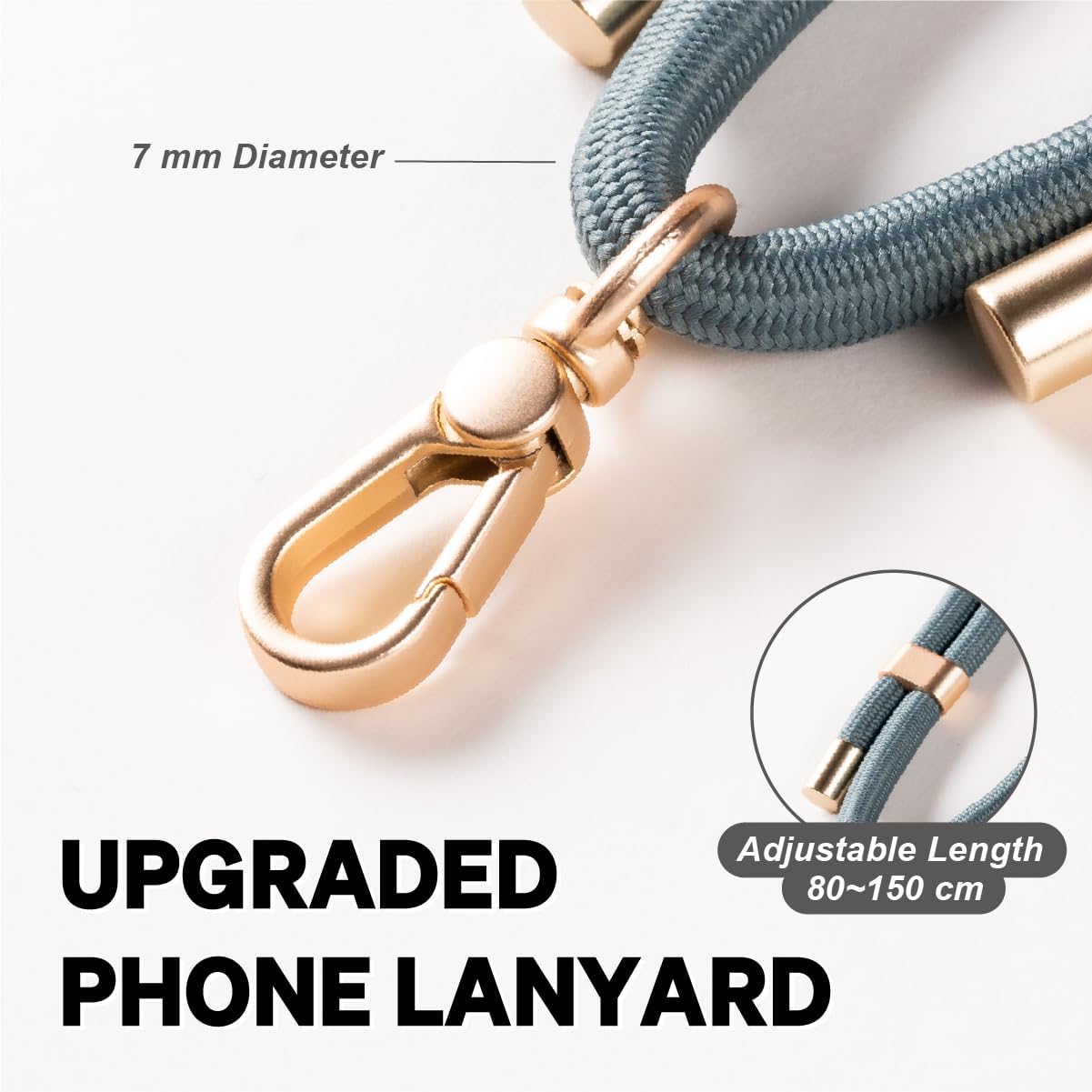 Universal 7mm Phone Lanyard for iPhone 17 Pro Max & Most Smartphones, Thick Rope Adjustable Anti-Theft Crossbody Cell Phone Strap with Non-Adhesive Tether Tab for Men & Women, Indigo/Matte Gold - Image 2