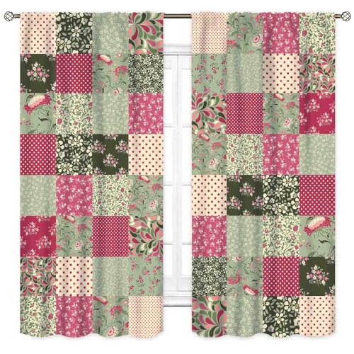 Boho Floral Curtains, Bohemian Patchwork Floral Vintage Stitching Sage Green Checkered Pink Flower Retro Window Drapery Treatments for Living Room Bedroom Kitchen Bathroom 2 Panels, 42"x45" Inch by TKUYO - Used condition - Image 2