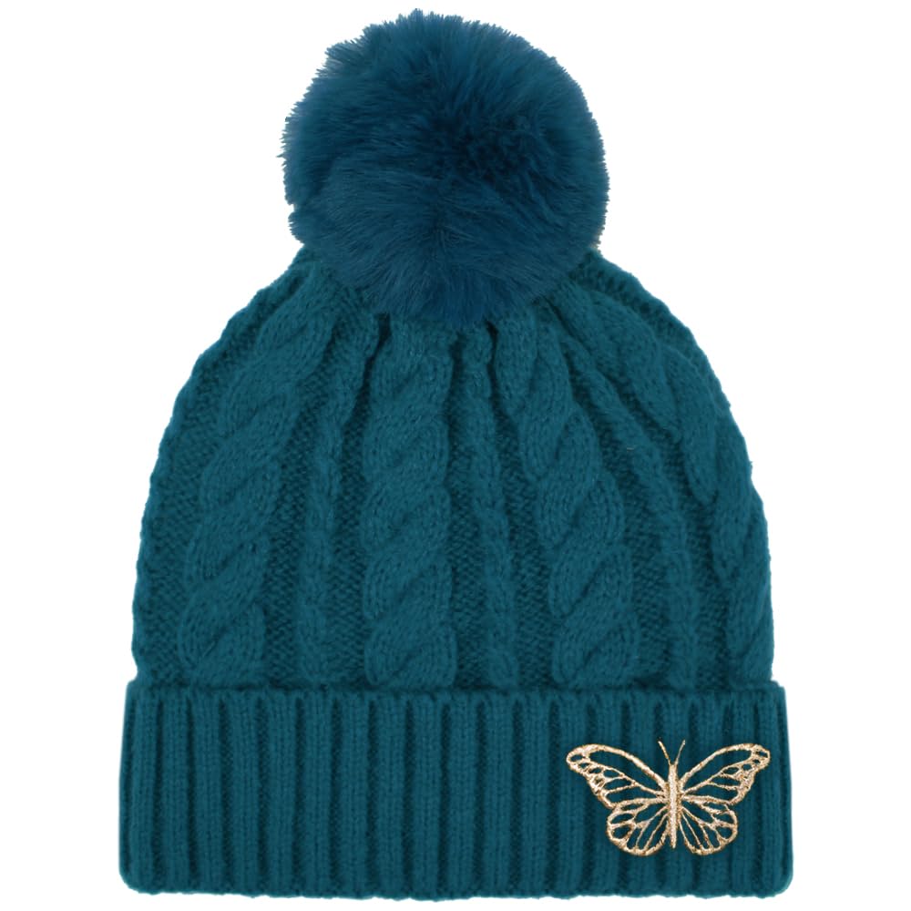 TeddyT's Women's Gold Butterfly Embroidered Luxury Fleece Lined Bobble Hat (Cerulean)