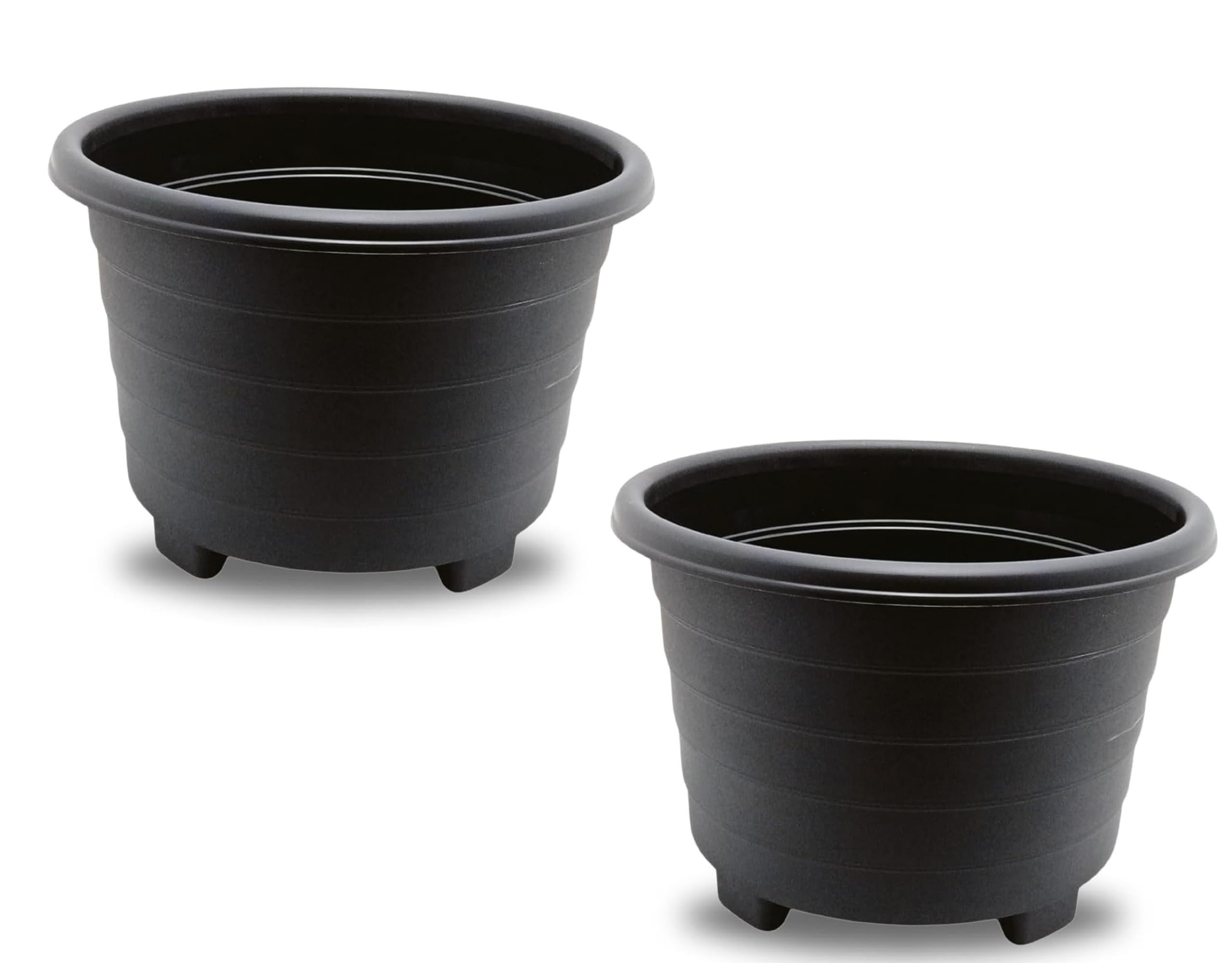 ELMORA'Z Large Planter 32cm Plastic Plant Pots Outdoor Indoor Garden Patio Round Planter with Feet Marked Drainage Hole Herb Flower Pot Plant Container Sleek Black 2 Pack