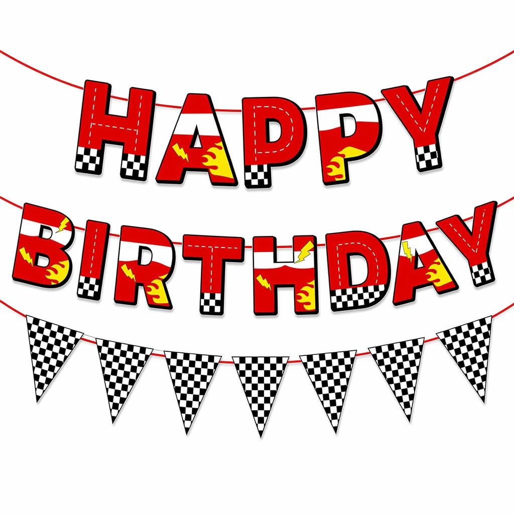 Race Car Happy Birthday Banner Checkered Flag Bunting 2 Pcs