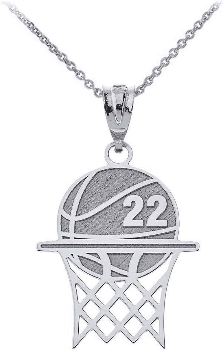 Sports Charm Sterling Silver Personalized Basketball Hoop Pendant Necklace with Your Name and Number - Choice of Pendant Only or Chain Length