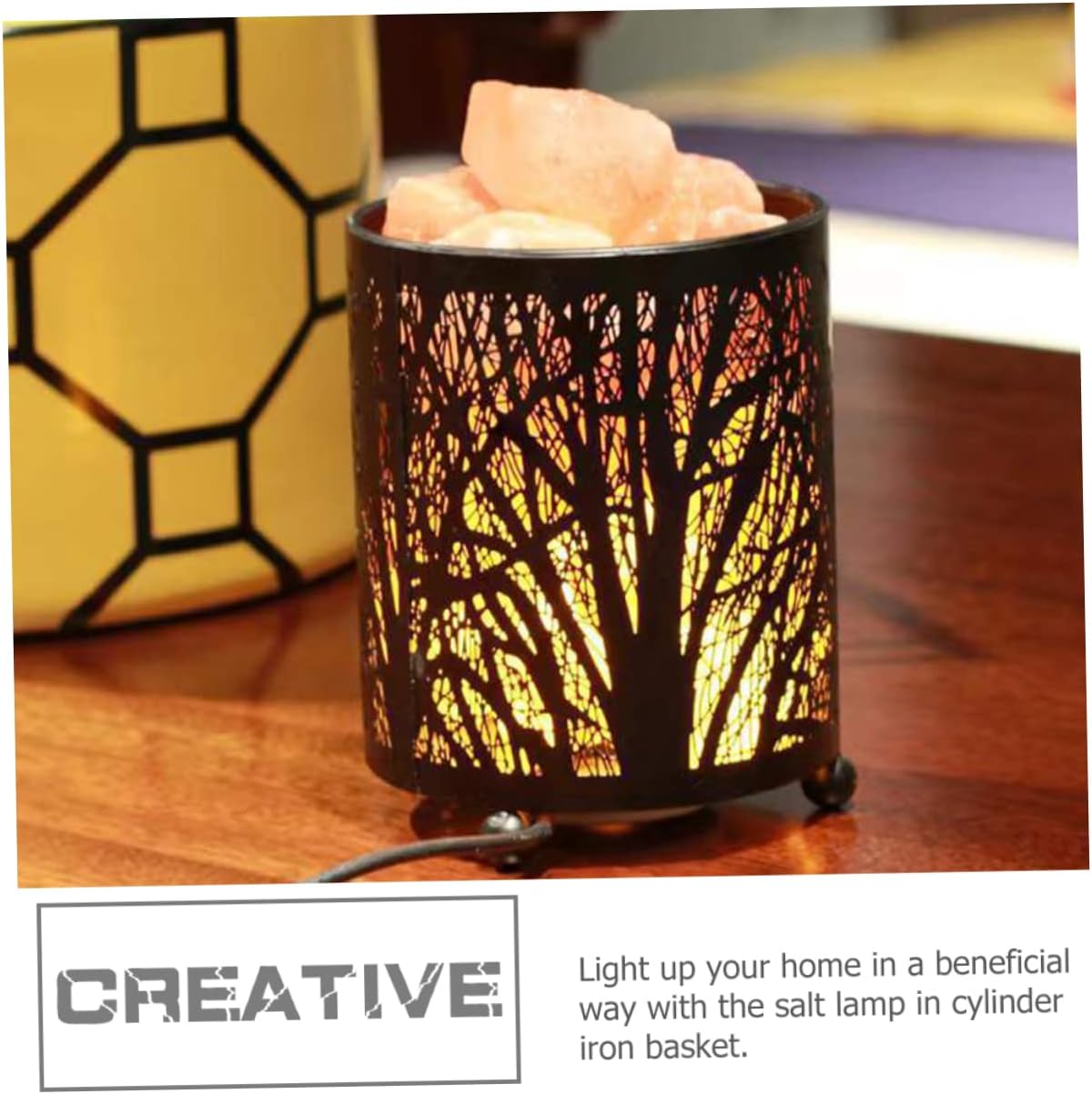 Healifty Himalayan Salt Night Light with Metal Basket Accent Lamp for Bedroom Living Decor Small Table Lamp with Iron Frame for Bedside Desk Indoor Decorative Nightstand Lighting US Plug