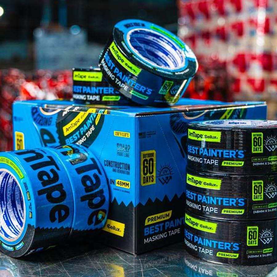 AmTape Premium Best Painter’s Masking Tape, Solvent & Moisture Resistant, 60-Day Clean Removal, Super Washi Painter’s Tape for Walls, Ceilings & Trim, Blue (2" - 3pk)