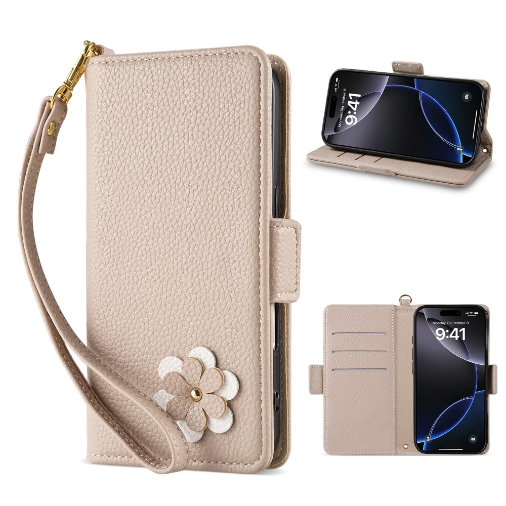 Étui iPhone 14 Pro abricot : housse portefeuille à rabat en cuir avec motif fleur chic - 8