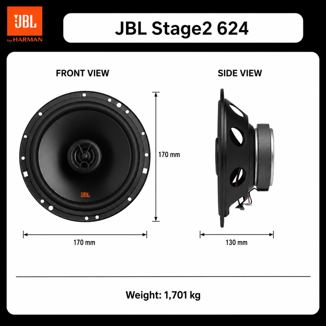 JBL STAGE2624 - Altavoz | Potencia de 40 W RMS y 240 W Pico, Sensibilidad de 91 dB, Impedancia 4 Ohmios, Mejora Acústica de Vehículo