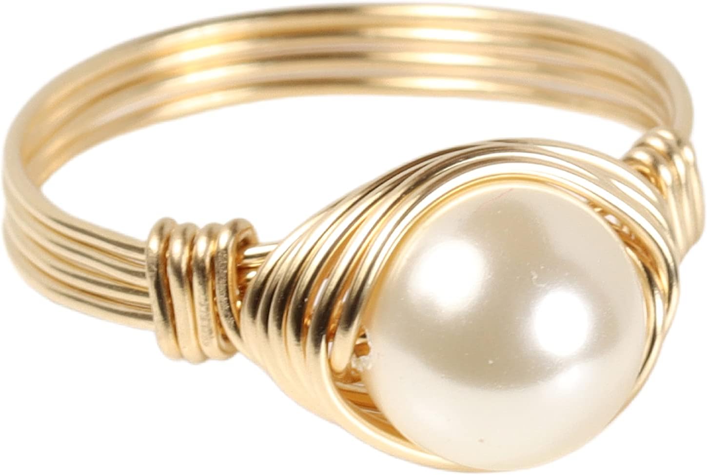Ivory Nacre Pearl Solitaire Ring Gold Filled Wire Wrapped Handmade Jewelry