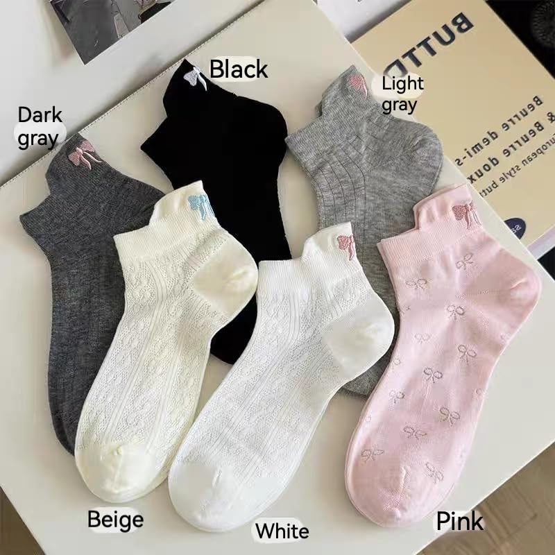 Kawaii Short Socks Breathable Mesh - Embroidered Bow,Sweet Ballet Style,6-Pack for Daily & Travel(US Sizes 6-11)3