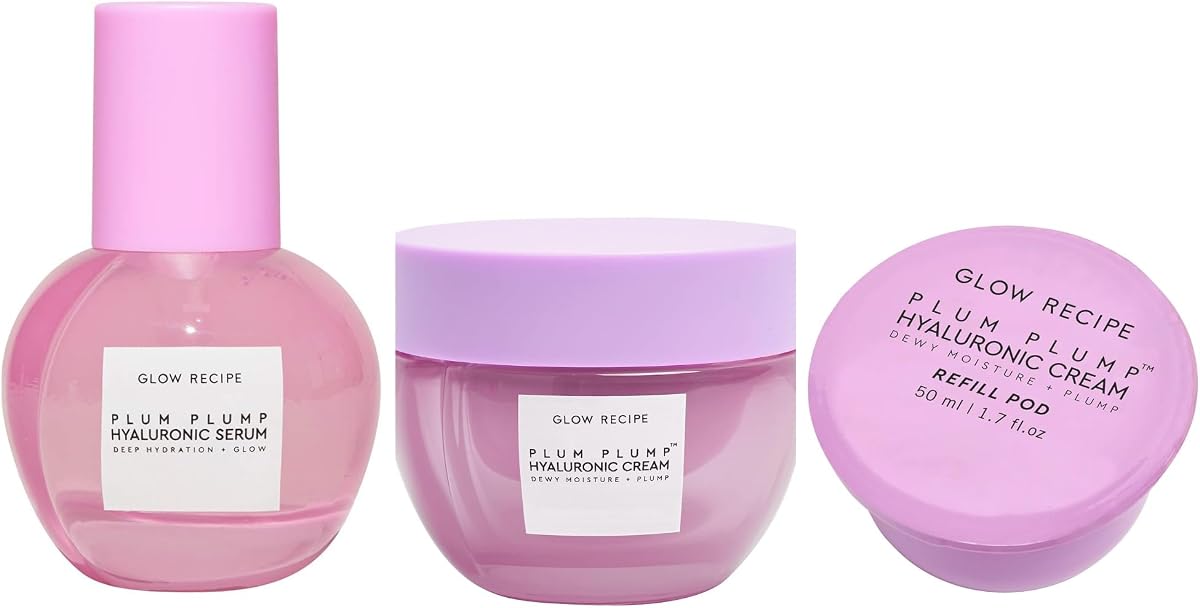 Glow Recipe Crema facial de ácido hialurónico Plump Plump + cápsula de recambio + suero (50 ml/ea) - Rutina hidratante facial hidratante Dewy Glow para rellenar, equilibrar e iluminar la piel