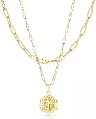 Glowave Cross Necklace for Women, Gold Plated Necklace Stack, Layered Necklaces for Women with Charm, Gold Cross Pendant Jewelry Gift, Chunky Jewelry Christian Birthday Gifts