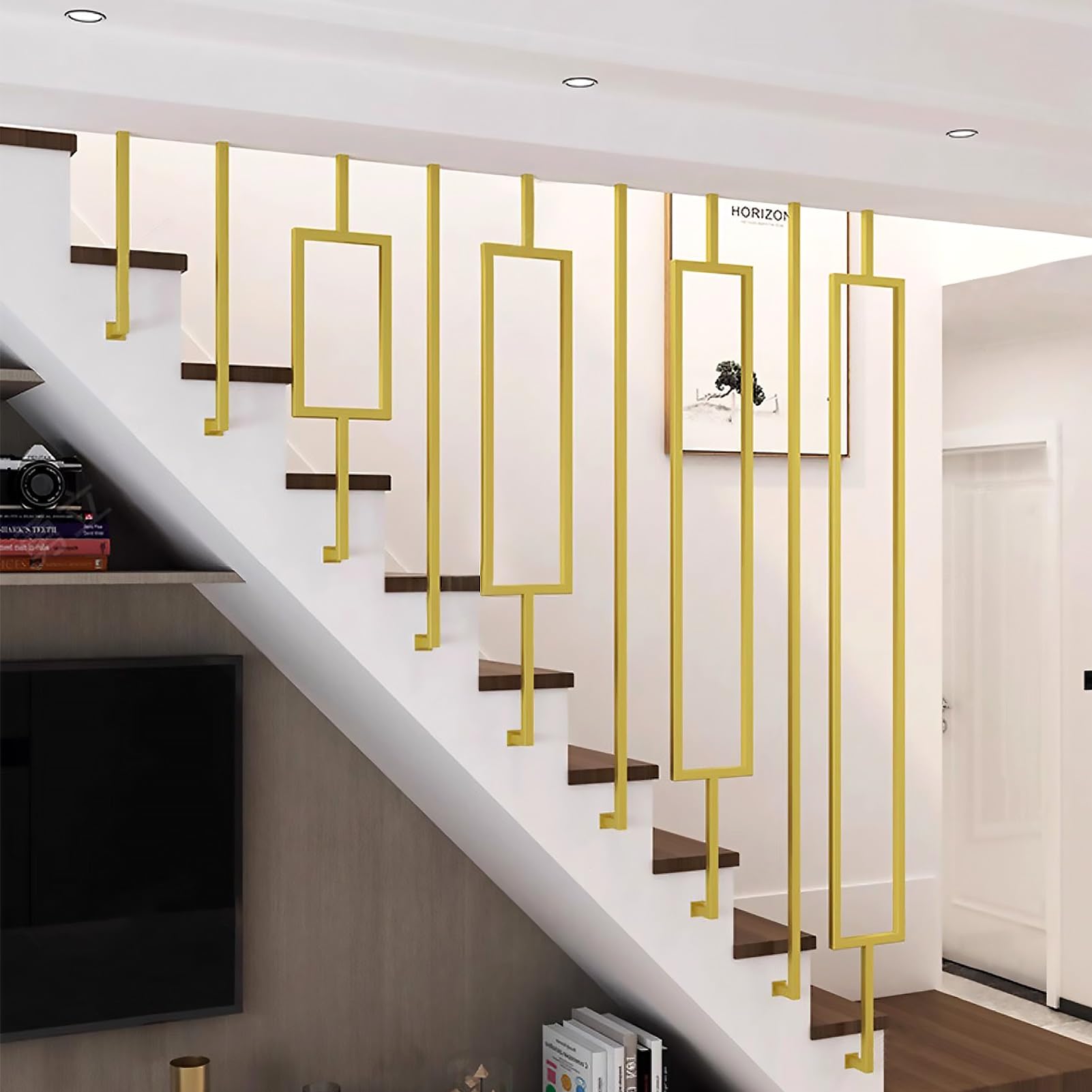 Escalera antideslizante en forma de L | Guardil de barandilla interior para lofts | Barra de soporte montada en el techo | Balaustre dorado de 4 pies para seguridad y estabilidad