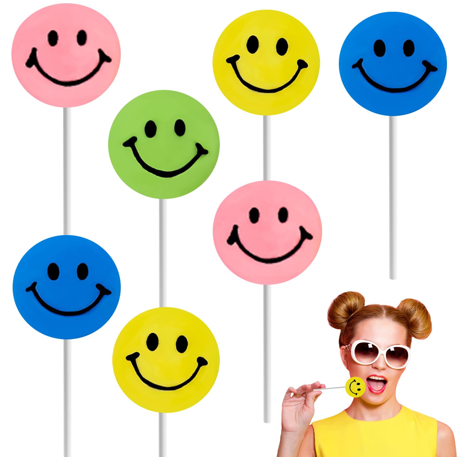 Assorted Shaped Lollipops, Rainbow Swirl Lollipop, Mixed Fruit Flavor, Individually Wrapped, NET WT. 0.44oz (12g) Sucker, 12-Pack (Happy Face Lollipop)
