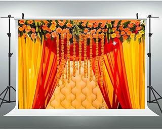 EOA 7(W) x5(H) FT Orange Marigold India Wedding Photography Backdrop Marriage Red Curtain Background Ceremony Wall Decor Photo Booth Studio Props