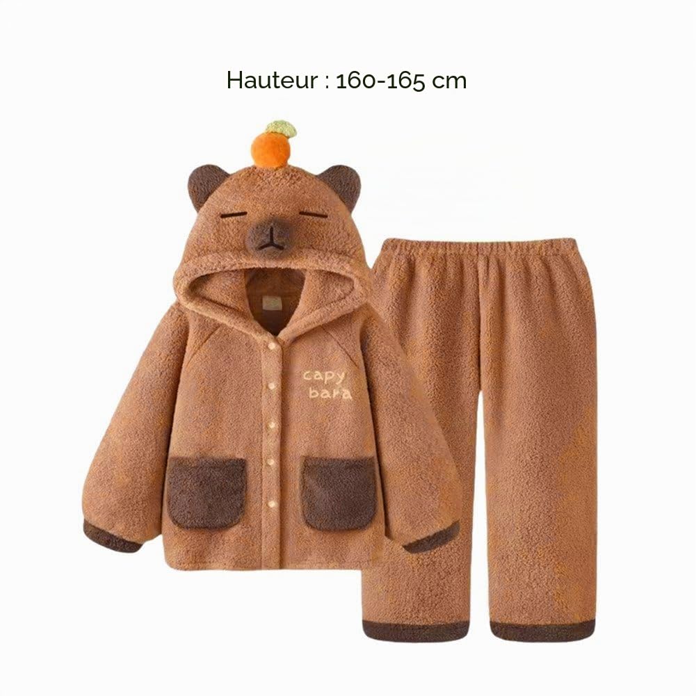 Mignon Capybara Corail Polaire Pyjamas Ensemble Imprimé Animal en Peluche À Capuche Pyjamas Taille Élastique Polaire Pantalon Élégant Femmes Vêtements Chauds