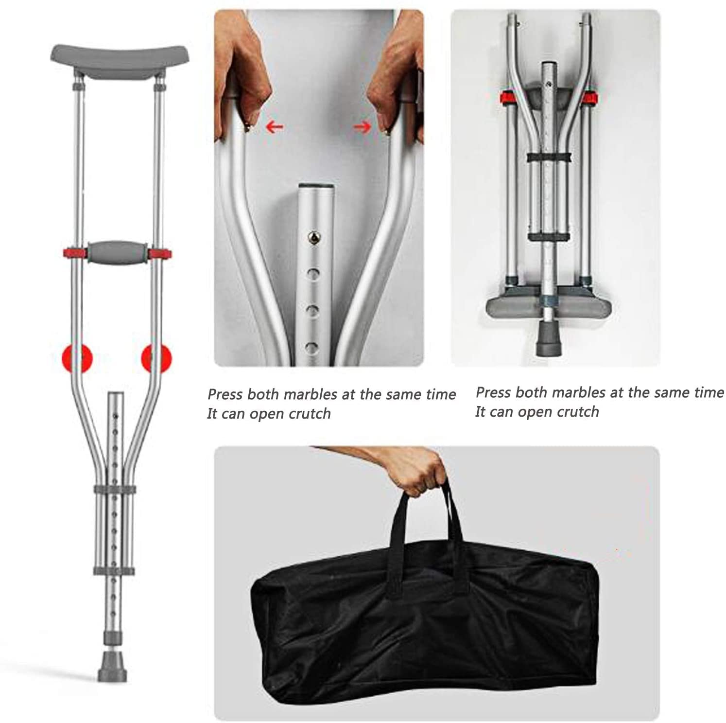 Kule dla dorosłych składane kule pachowe pod pachami, pogrubione, stop aluminium, podwójne kule, kule do rehabilitacji pod pachami, z beczką z regulacją wysokości