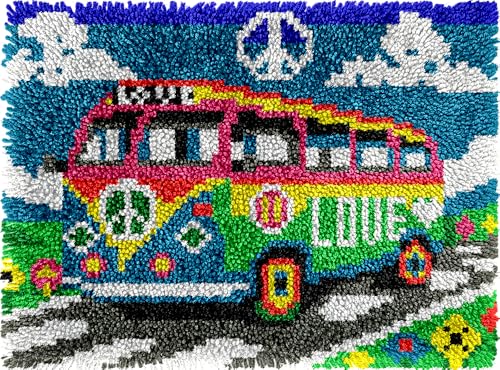 Image of Love & Peace Bus Latch Hook Kits for Adults Kids Beginners Anti-war Latch Hook Rug Kit Pre-Printed Hook and Latch Carpet Making Kits Cross-stitch DIY Wall Hanging Crochet Set 20x15 In. Craft Gift