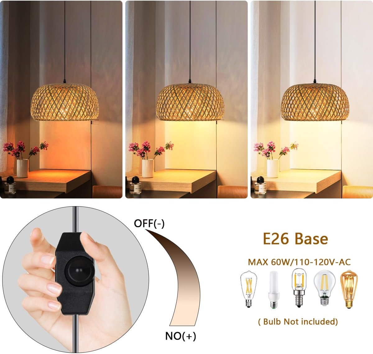 Plug in Pendant Light Bamboo Handmade with Dimmable Switch Rattan Hanging Light Boho Wicker Pendant Light Fixture for Dining Room Kitchen Island Living Room Bedroom