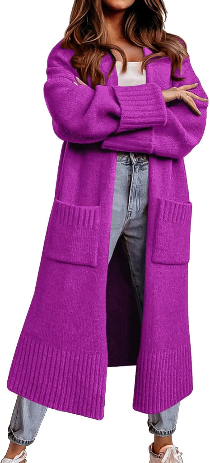 Danedvi Long Cardigan Sweaters for Women 2025 Fall Open Front Knit Oversized Cardigans Duster Coat with Pockets Purple
