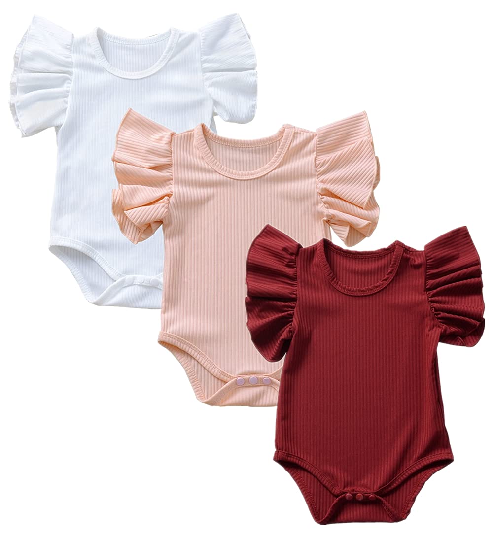 Toptim Baby Girls' Short-Sleeve Bodysuit Funny Ruffles Flower Jumpsuit Outfit for Infant Toddlers 3-Pack
