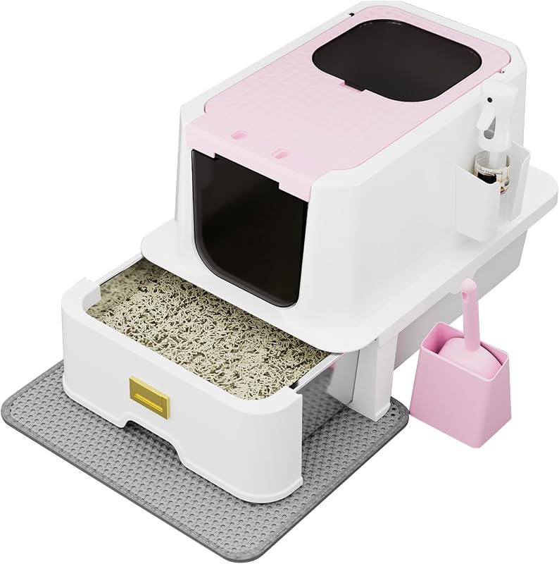 Caixa de Areia Fechada para Gatos com Bandeja Deslizante de Aço Inoxidável RIZZARI, Rosa-Claro, Tamanho Grande