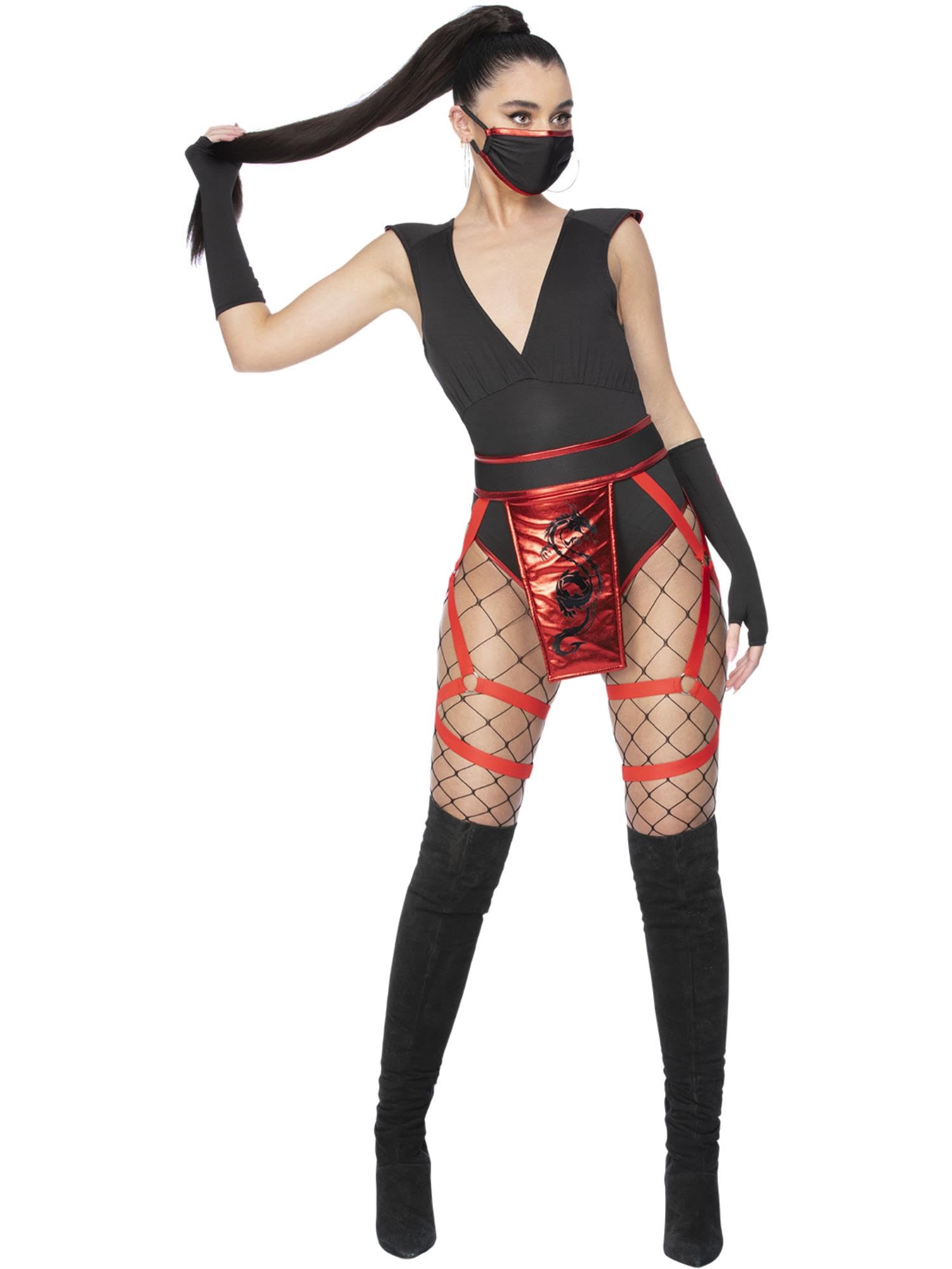 Smiffys Fever Scarlet Ninja Costume Bodysuit, Leg Harness, Mask & Gloves, Fever Fancy Dress, Fever Dress Up Costumes
