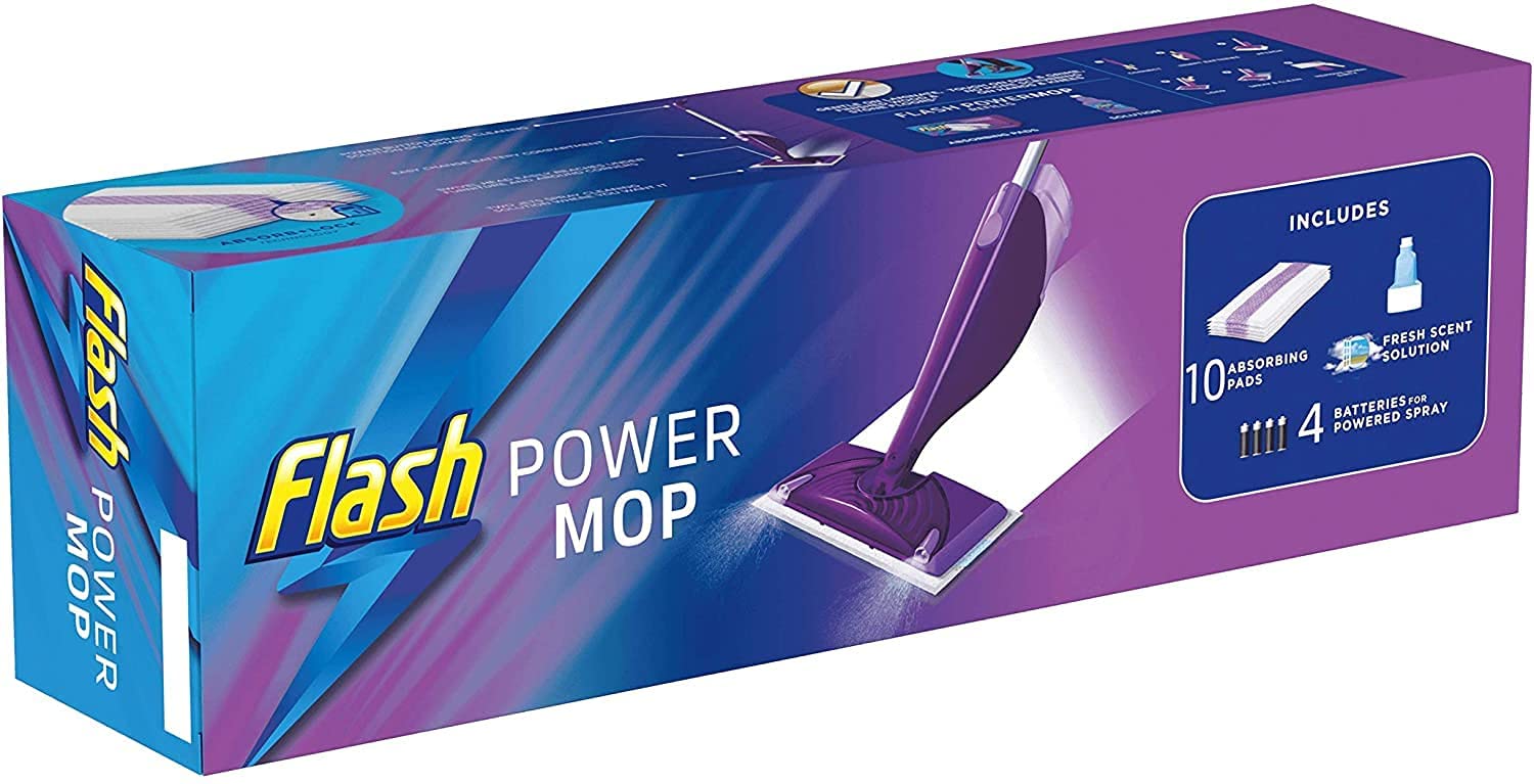 Flash Powermop Starter Kit, Mop + 10 Absorbing Refill Pads + 500 ml