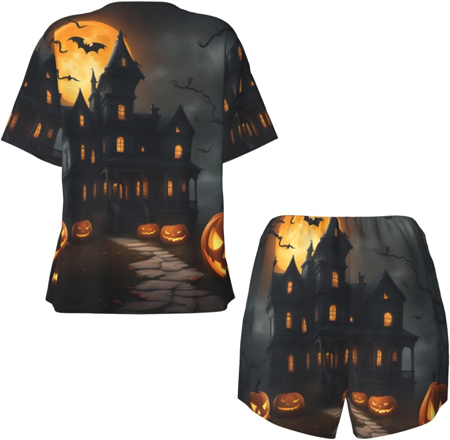 Halloween Horror Print Stylish Women'S Pajama Set Short Sleeve,For Home,Vacation Or Beachwear