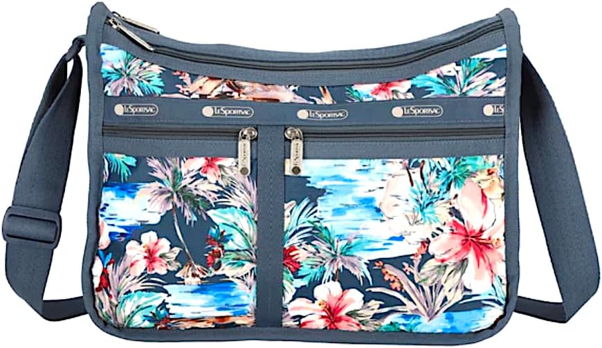 LeSportsacTropical Vibes Deluxe Everyday Crossbody Bag + Cosmetic Bag, Style 7507/Color E629, Festive Tropical Paradise, Artfully Arranged Colorful Hibiscus Flowers & Palm Trees, Endless Summer Vibe