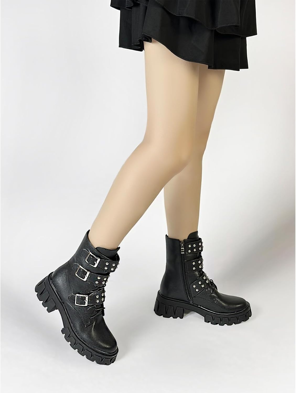 MEOTINA Platform Goth Boots for Women Chunky Heel Lace Up Ankle Boots Black Combat Boot Rave Booties with Zipper Buckle Gothic Shoes - Image 4