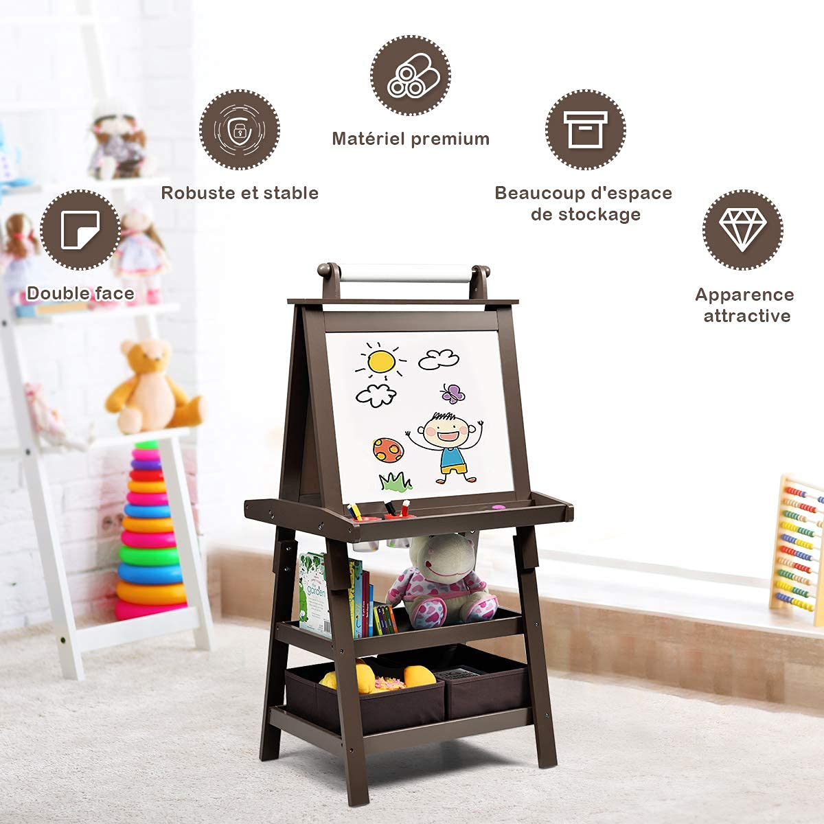 COSTWAY 3 en 1 Tableau Enfants Double Face avec Rouleau de Papier, Chevalet Enfants avec 2 Etagères et 2 Boîtes de Rangement, Structure Triangulaire, Jouet de Dessin pour Enfants de 3 Ans+