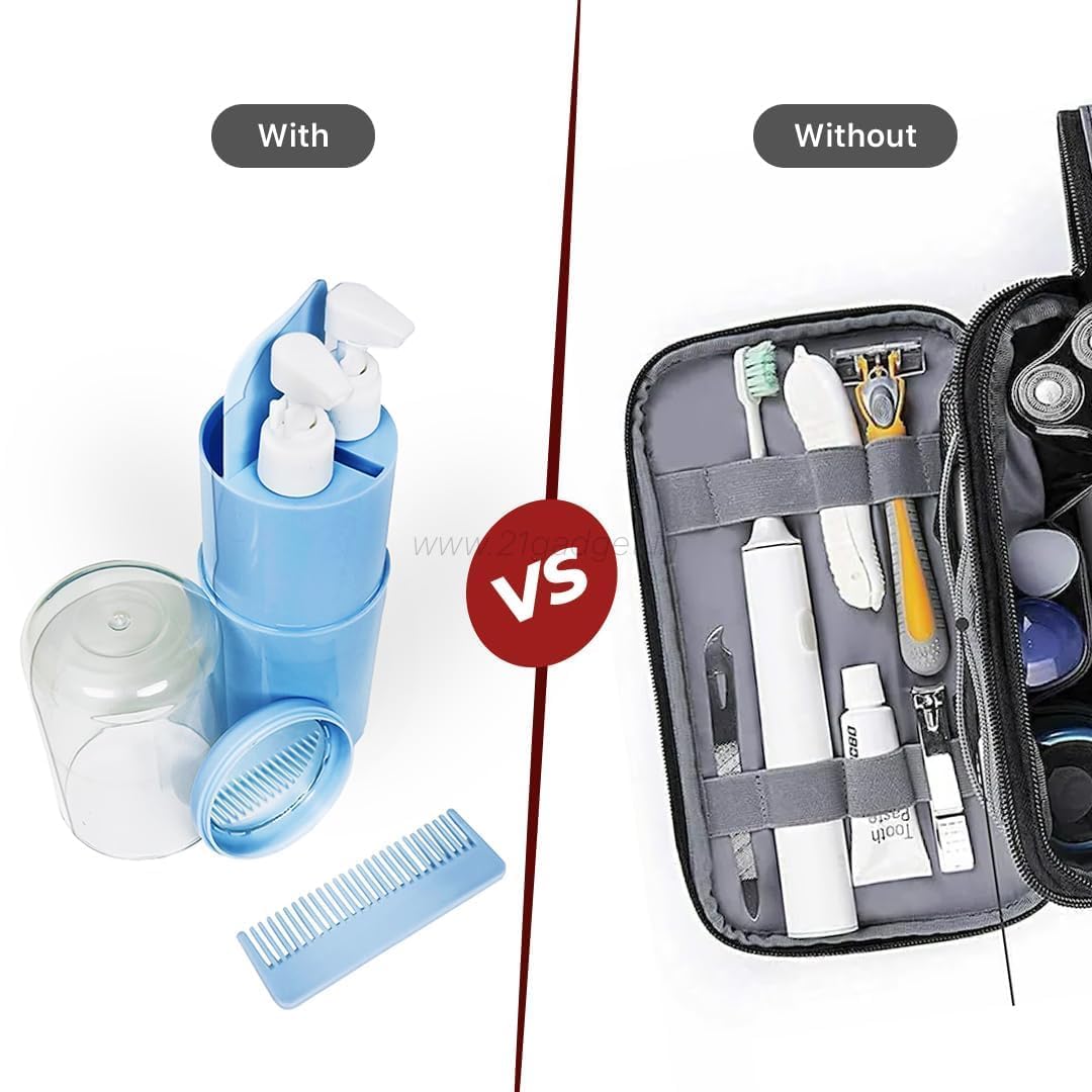 QAWACHH Portable Travel Toothbrush/Toothpaste Container Hard Plastic Case with 1 Cup; 1 Mirror; 1 Comb; 1 Shampoo and 1 Lotion Bottle Holder for Toiletries; Business Trips and Daily Uses Bottle 3