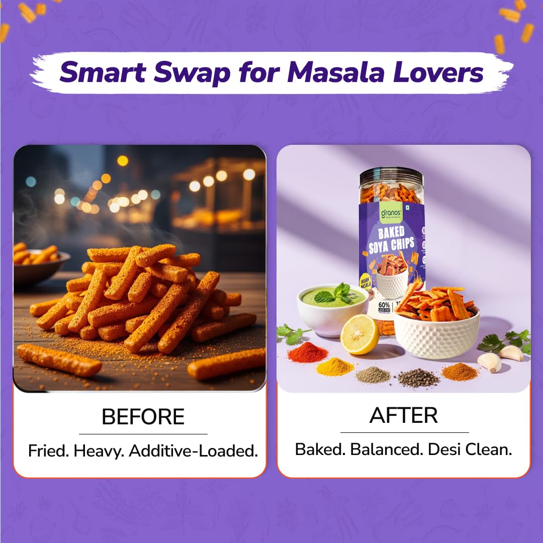 Granos Baked Indian Masala Soya Chips 200gm, Healthy & Crunchy Snack, Indian Masala Flavour, High Protein, Gluten Free Chips, 100% Vegan, No Preservatives, High Dietary Fiber & Nutrient, Pack of 2 - Image 7 thumbnail